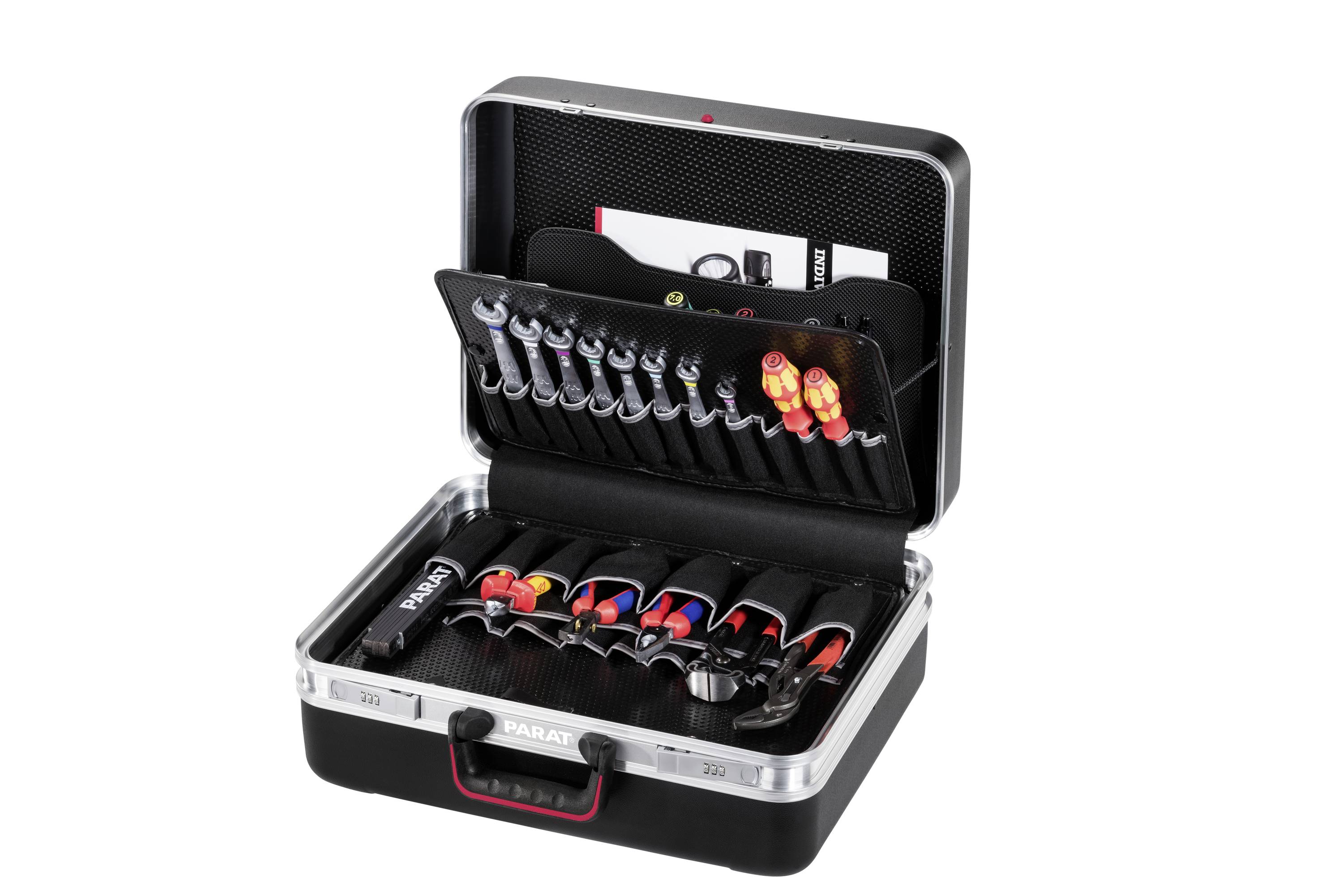 Otwarta skrzynka narzędziowa z różnymi kluczami i śrubokrętami, starannie ułożonymi w przegródkach.