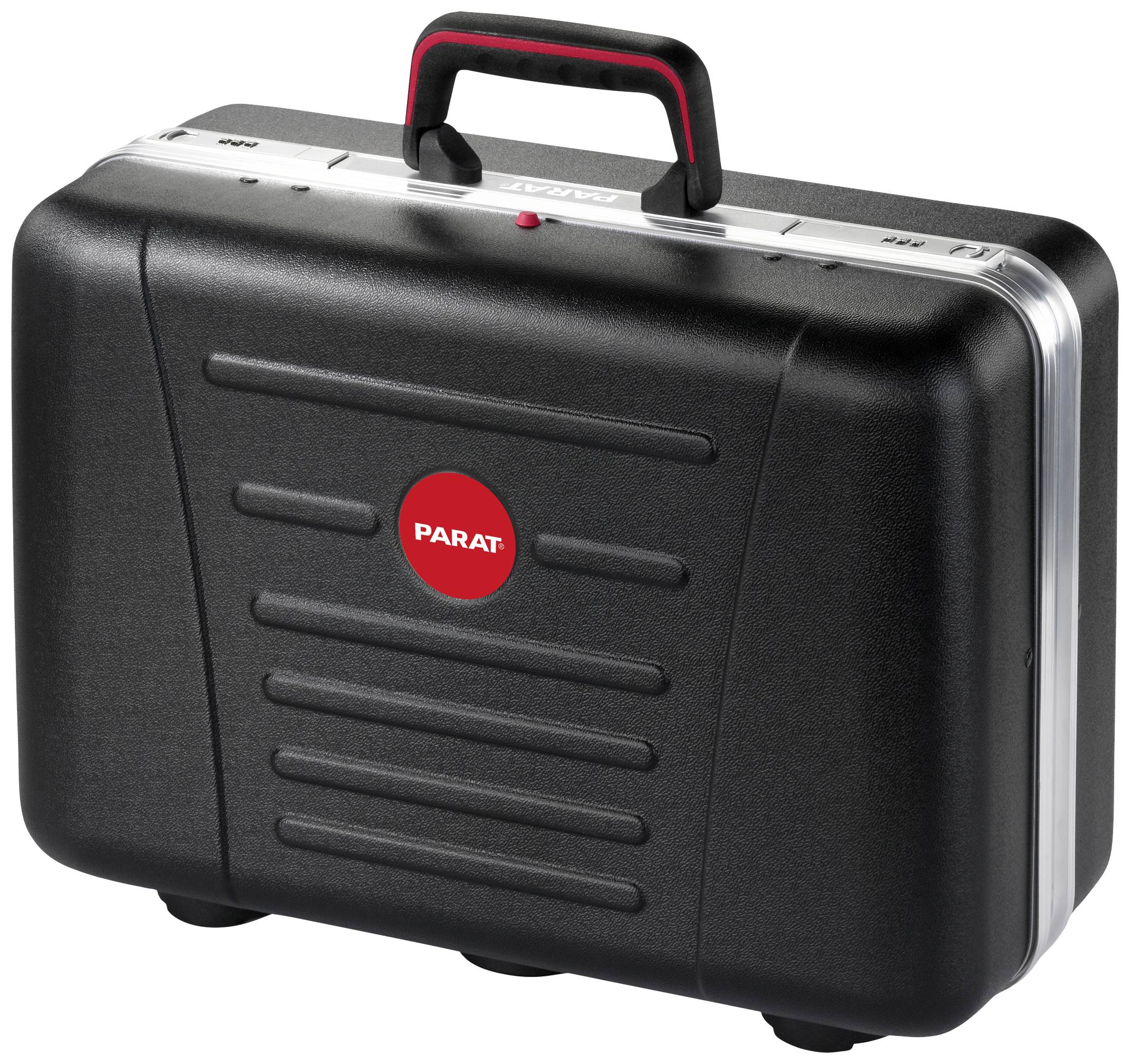 'Czarny kufer na narzędzia z czerwonym punktem i napisem PARAT z przodu. Uchwyt do przenoszenia na górze, solidna i kompaktowa budowa.'
