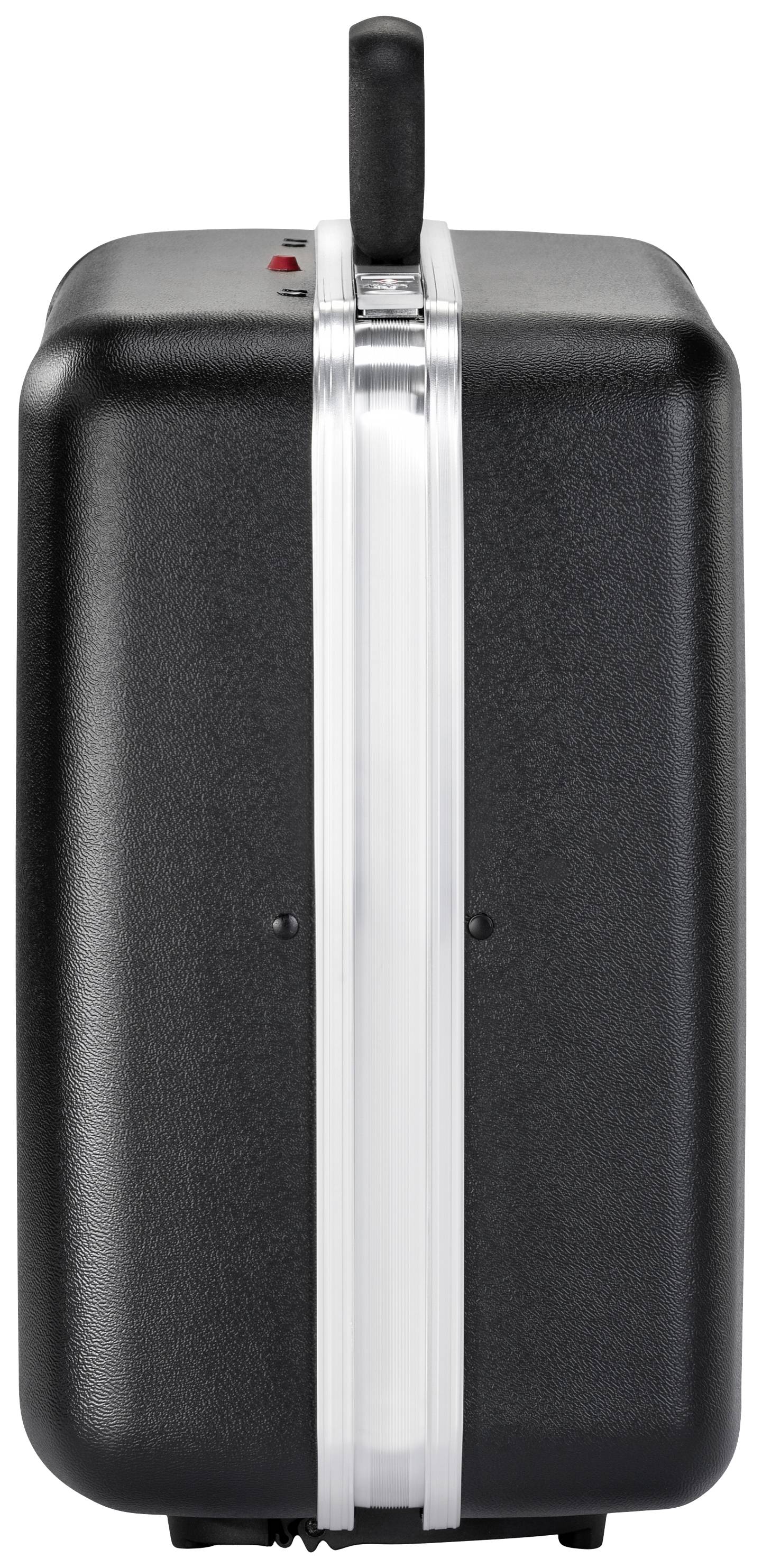 Czarny twardy kuferek z uchwytem na górze, widziany z boku.