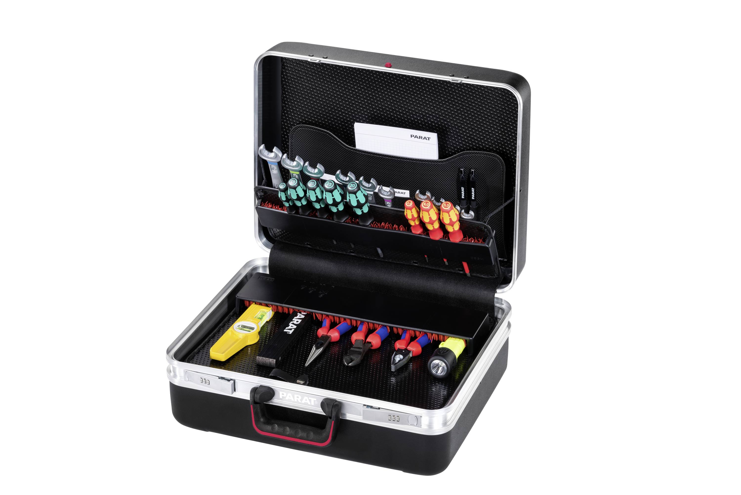 Otwarty walizka z narzędziami z różnymi narzędziami, w tym śrubokrętami i szczypcami, starannie ułożonymi w przegródkach.