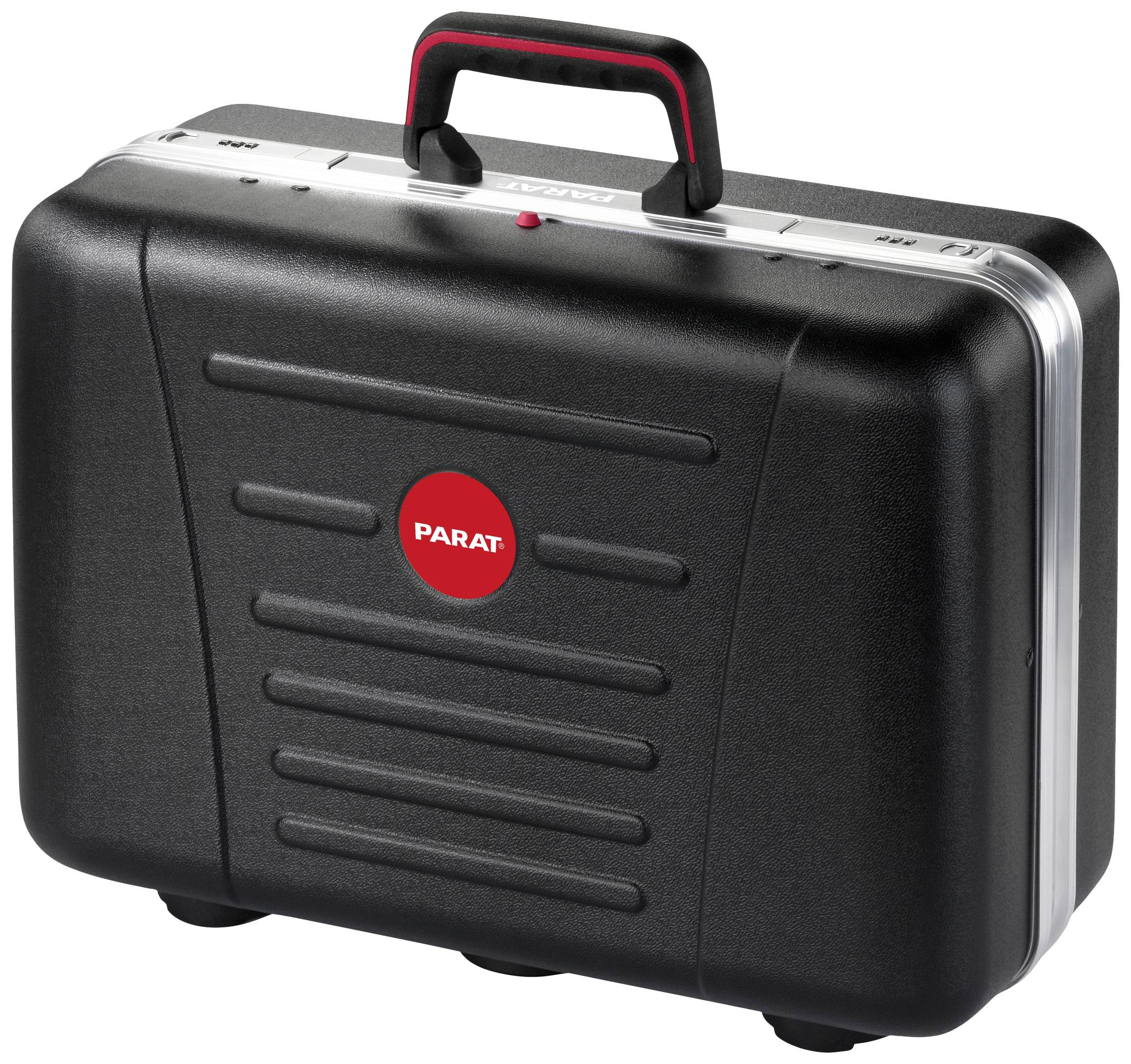 Czarny walizka na narzędzia z czerwonym uchwytem i czerwonym logo 'PARAT' na środku przedniej strony.