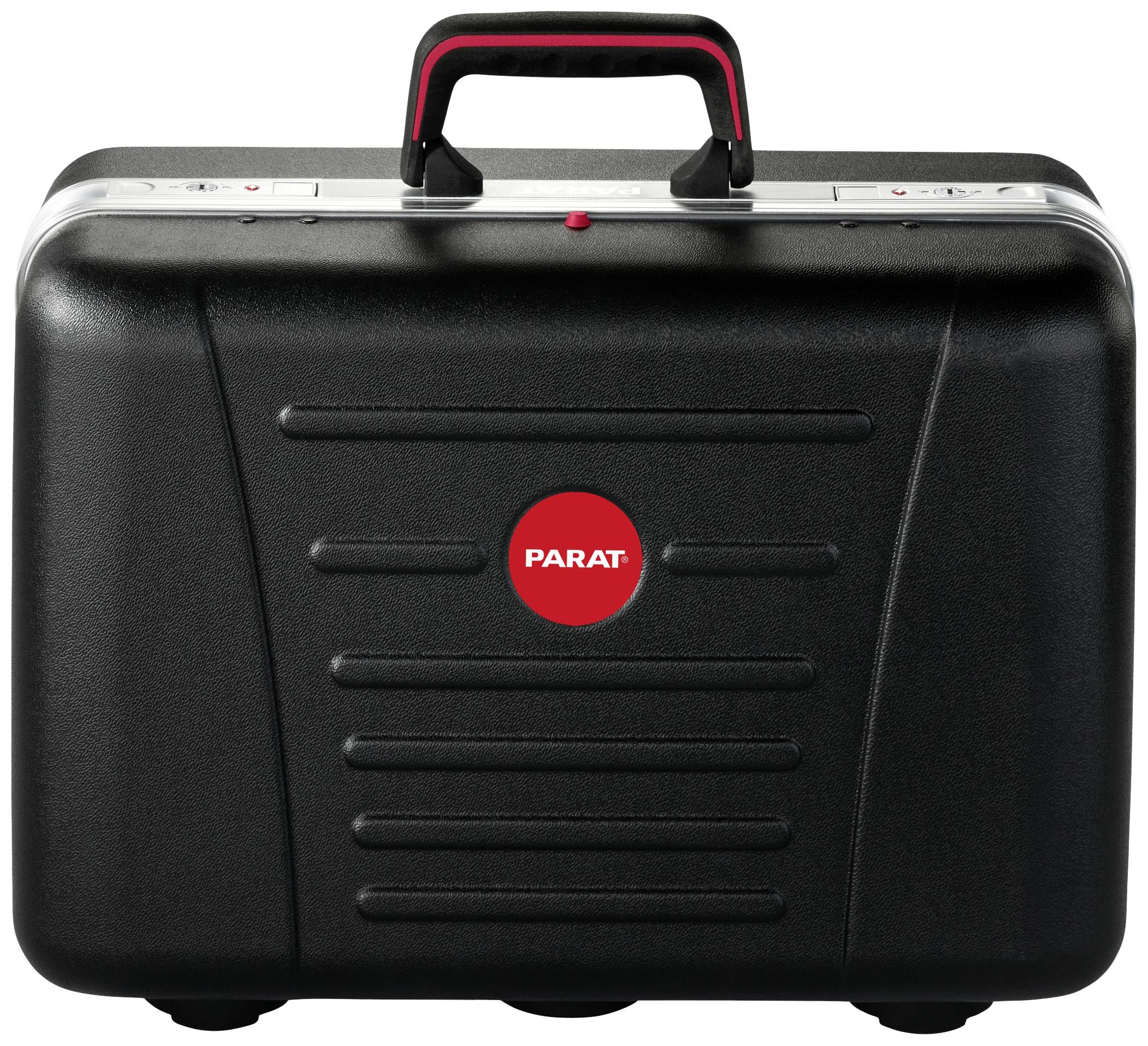 Czarny twardy kufer z czerwonym uchwytem i czerwonym logo 'PARAT' pośrodku na przedniej stronie.
