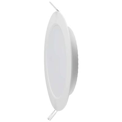 Okrągła, biała, plastikowa lampa sufitowa LED z lekko wypukłą powierzchnią, przeznaczona do montażu podtynkowego.