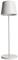 Biała lampa stojąca z okrągłym, lekko stożkowym kloszem i smukłą podstawą na okrągłej podstawce. Minimalistyczny design.