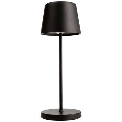 Czarna lampa stołowa o prostym, nowoczesnym designie, z cylindrycznym kloszem i okrągłą podstawą, idealna do minimalistycznych wnętrz.