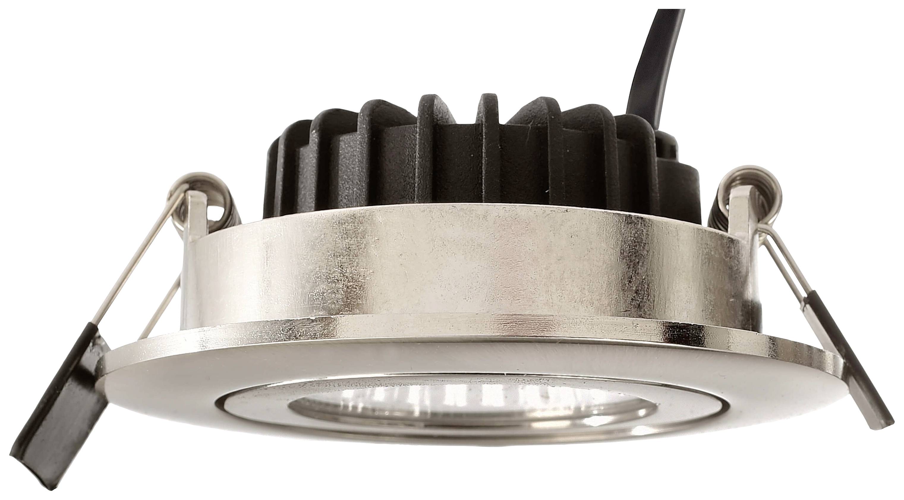 Wpuszczana lampa LED z metalową ramą i czarnym systemem chłodzenia, odpowiednia do montażu sufitowego. Prezentuje profil zorientowany na design.