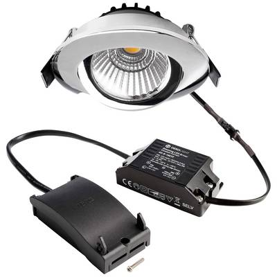 Okrągły downlight LED w srebrnej oprawie z czarnym tyłem, połączony z zewnętrznym czarnym zasilaczem i śrubami.