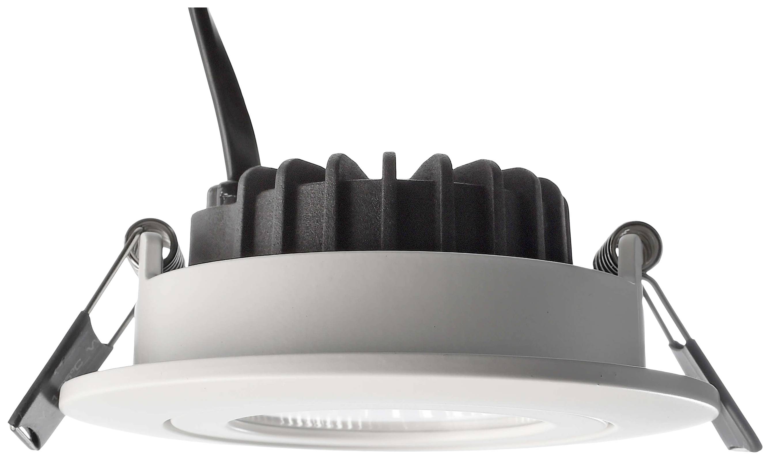 Okrągła lampa sufitowa LED w obudowie z zaciskami mocującymi, idealna do montażu w sufitach podwieszanych.