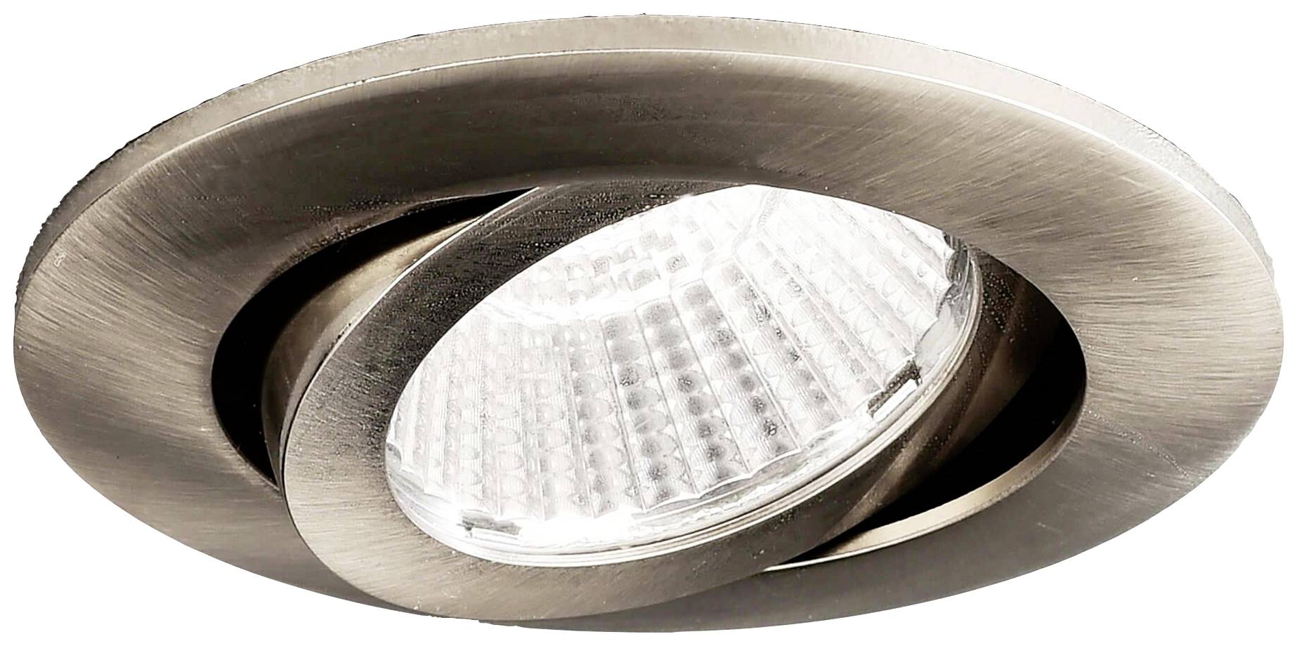 Oprawa sufitowa z szczotkowanego metalu z okrągłą, obrotową ramką i lampą LED pośrodku.