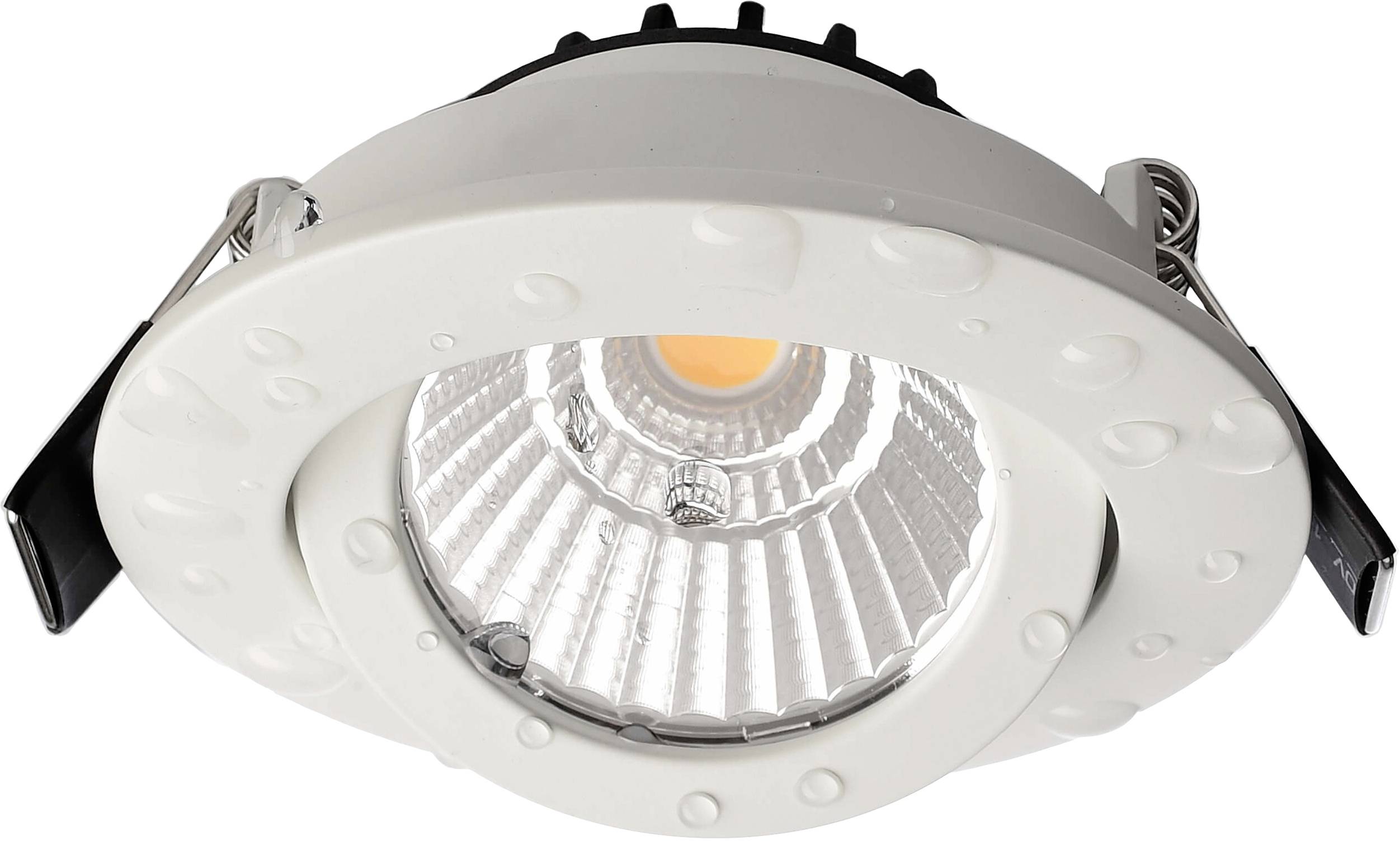 Okrągła, biała wpuszczana lampa sufitowa LED z prążkowaną strukturą wewnętrzną i centralnym źródłem światła, przeznaczona do oświetlenia wnętrz.