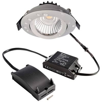Reflektor LED z srebrną obudową i czarnym transformatorem podłączonym przewodem, przeznaczony do montażu sufitowego. W zestawie zawiera śrubę mocującą.