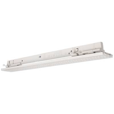 Lampa sufitowa LED w kształcie prostokąta z białą obudową i przezroczystą osłoną, odpowiednia do oświetlenia biurowego lub przemysłowego.