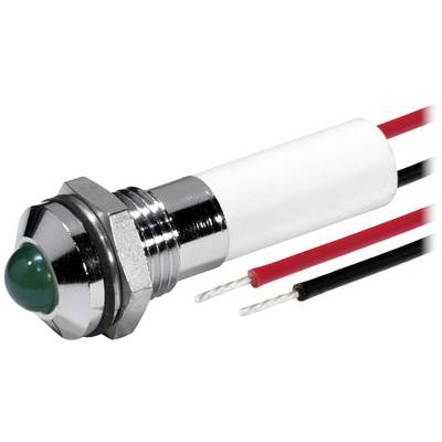 Zielony przełącznik LED z obudową metalową i dwoma wystającymi przewodami w kolorach czerwonym i czarnym do podłączenia elektrycznego.