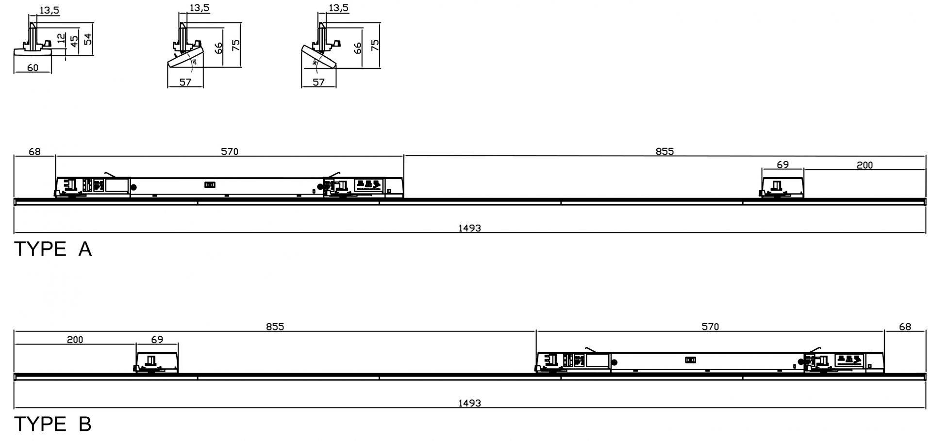 Rysunek techniczny dwóch szyn prowadzących, typ A i typ B, z szczegółowymi wymiarami i różnicami w rozmieszczeniu elementów.