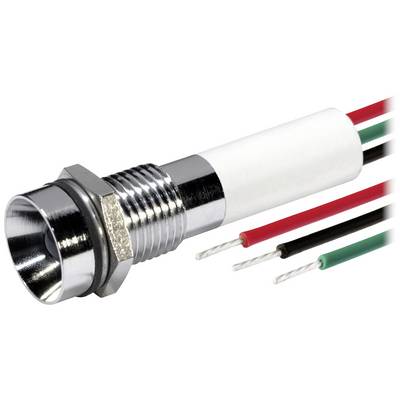 Metalowy czujnik cylindryczny z trzema wyprowadzeniami kabli w kolorach czerwonym, czarnym i zielonym. Adapter z gwintem sześciokątnym, przeznaczony do zastosowań elektronicznych.