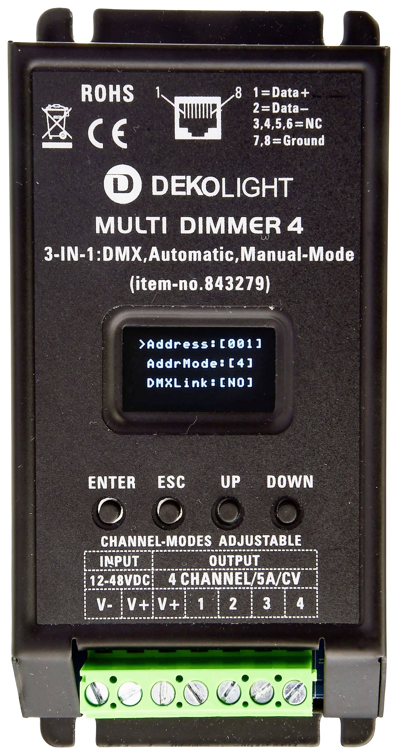 Urządzenie 'DEKOLIGHT MULTI DIMMER 4', służące do regulacji jasności, wyposażone w tryby DMX, automatyczny i ręczny, wejścia 12-48V DC.