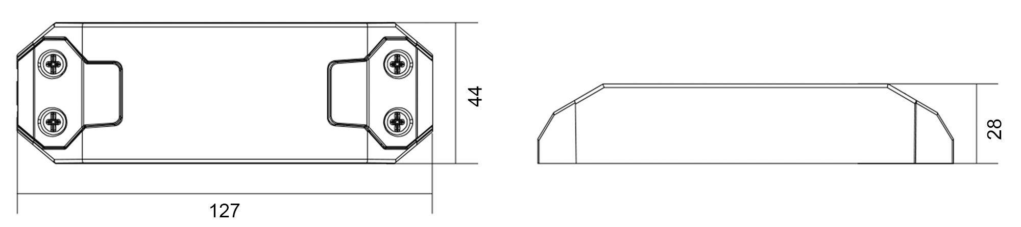 Rysunek techniczny prostokątnego elementu z wymiarami: długość 127 mm, szerokość 44 mm, wysokość 28 mm. Otwory gwintowane w narożnikach.