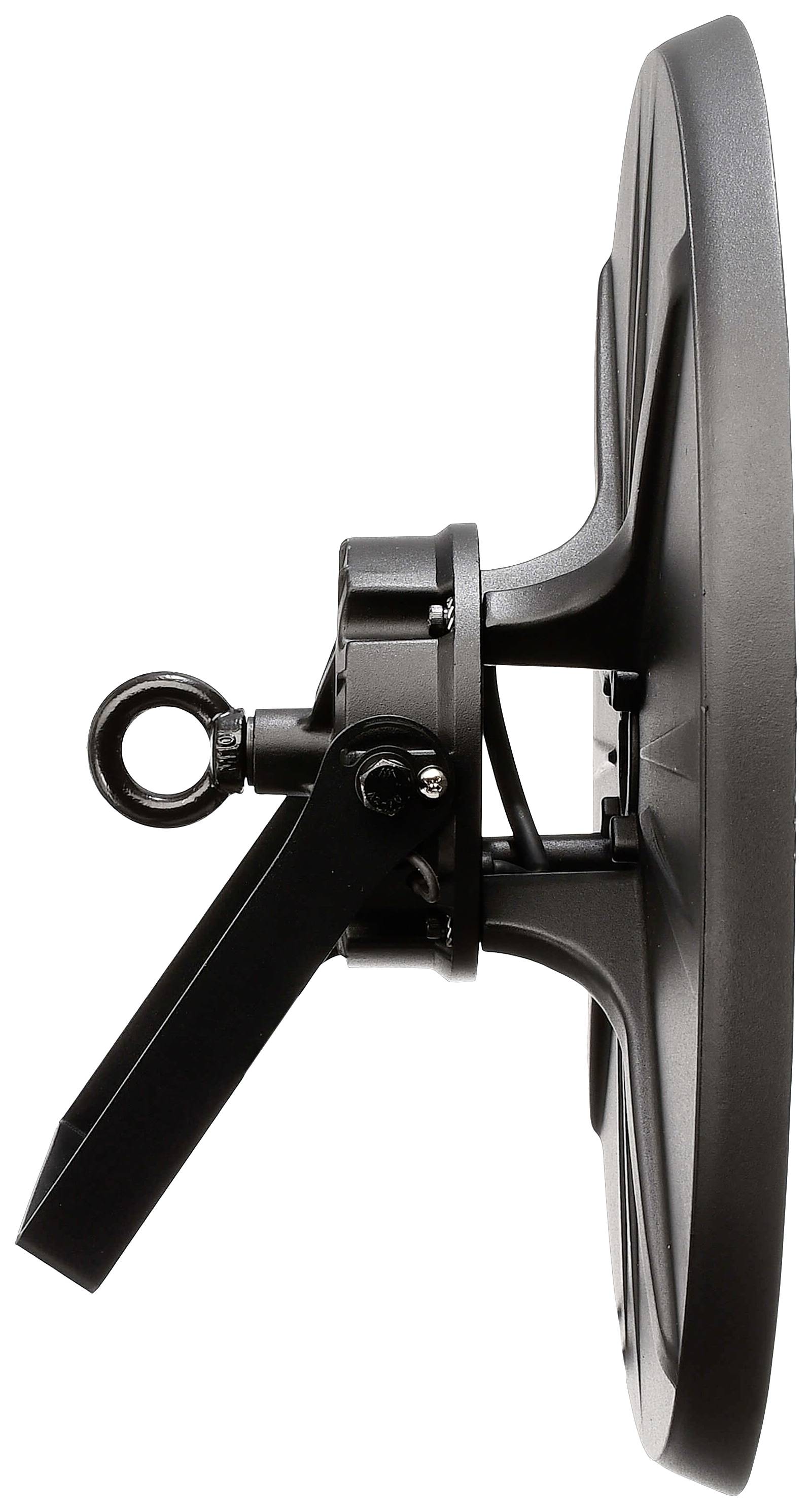 Czarna satelitarna czasza telewizyjna sfotografowana z boku, z ramieniem służącym do regulacji ustawienia.