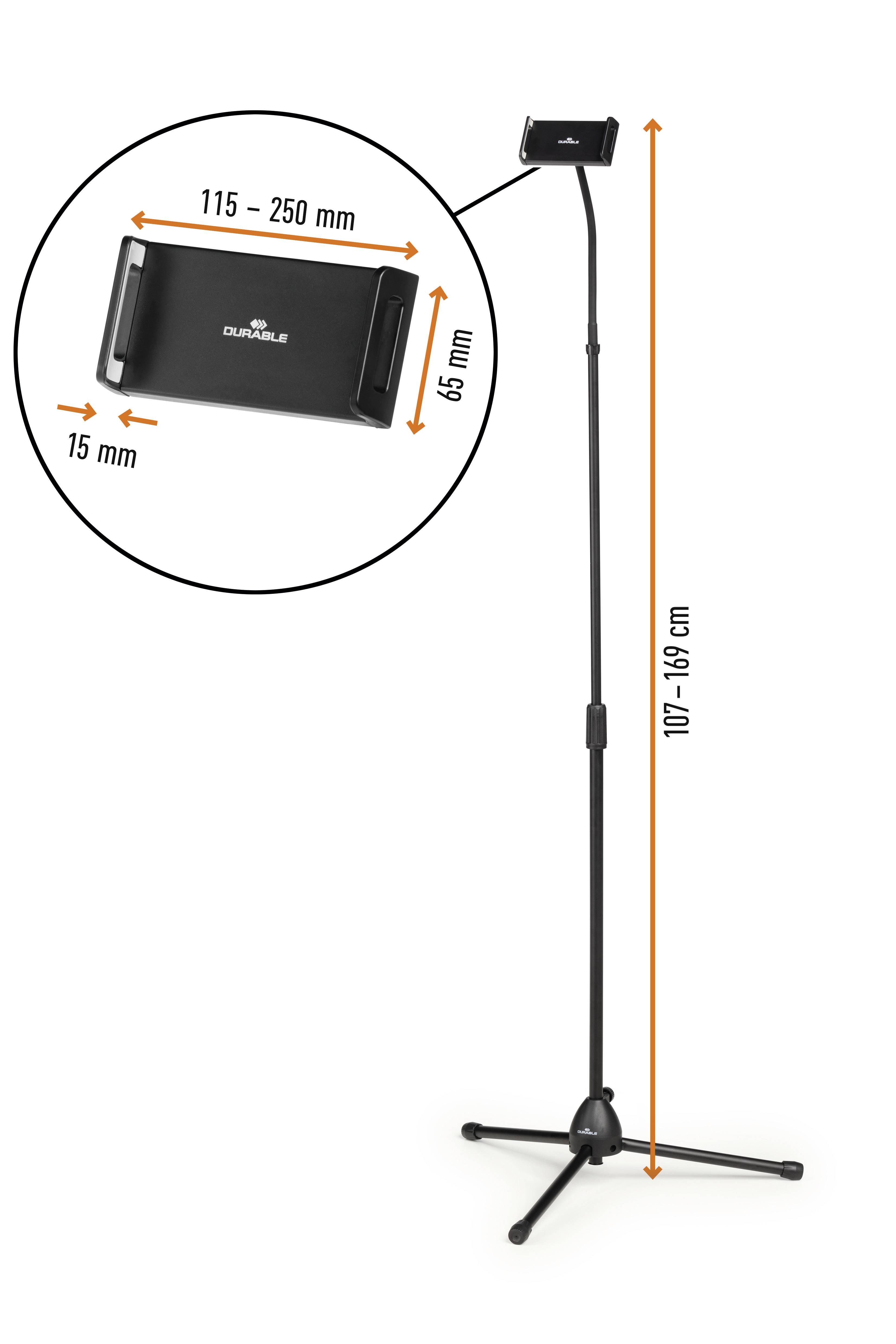 Uchwyt na tablet zamontowany na regulowanym statywie (107-149 cm) z wysuwanym uchwytem (115-250 mm), odpowiedni do prezentacji.