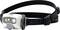 Czołówka z regulowaną elastyczną opaską i dwoma lampkami LED, przeznaczona do aktywności na świeżym powietrzu. Kolorystyka czarno-biała.