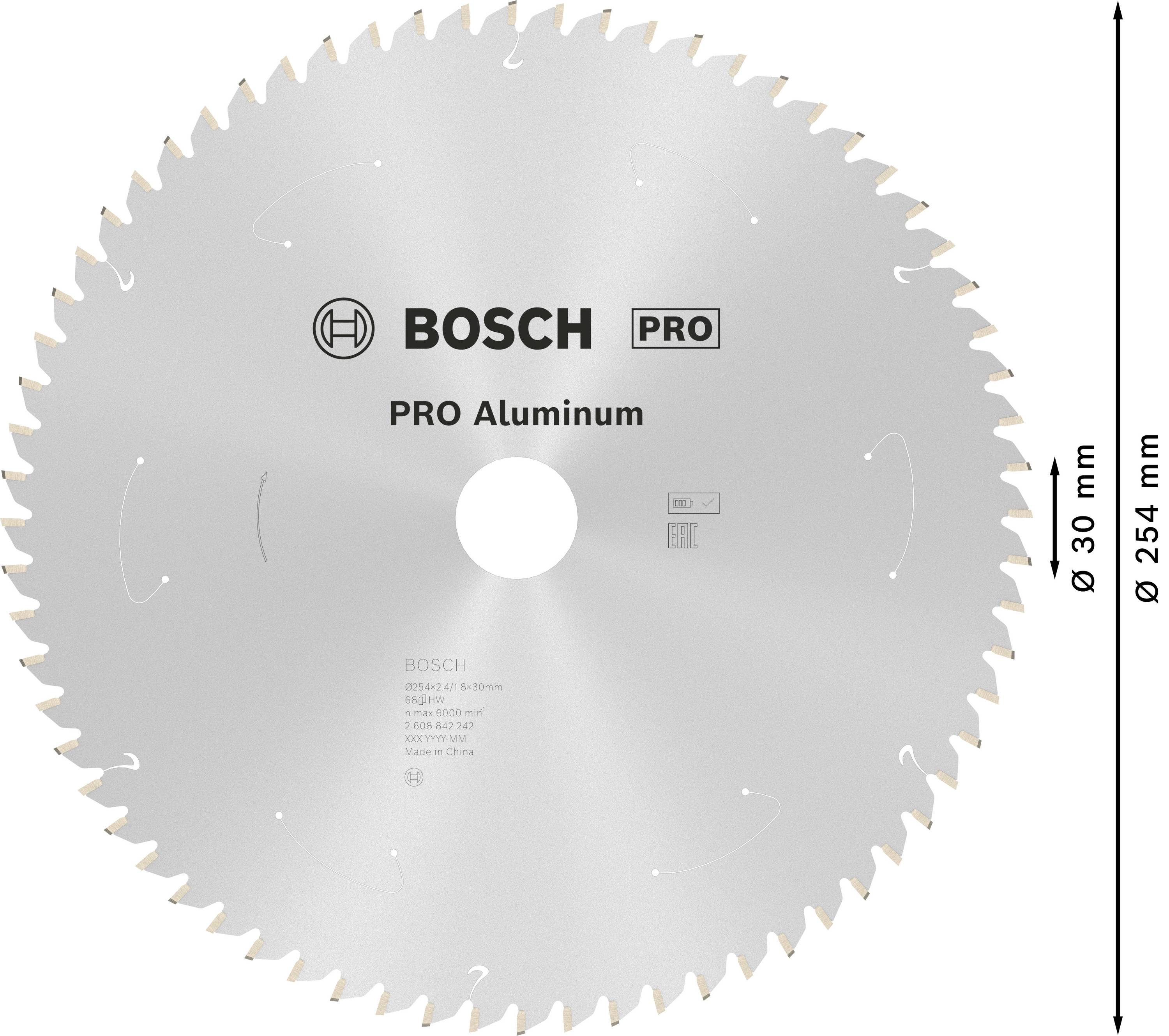 Tarcza piły tarczowej z 80 zębami, z napisem 'BOSCH PRO Aluminum', o średnicy 254 mm, z otworem na 30 mm, przeznaczona do cięcia aluminium.