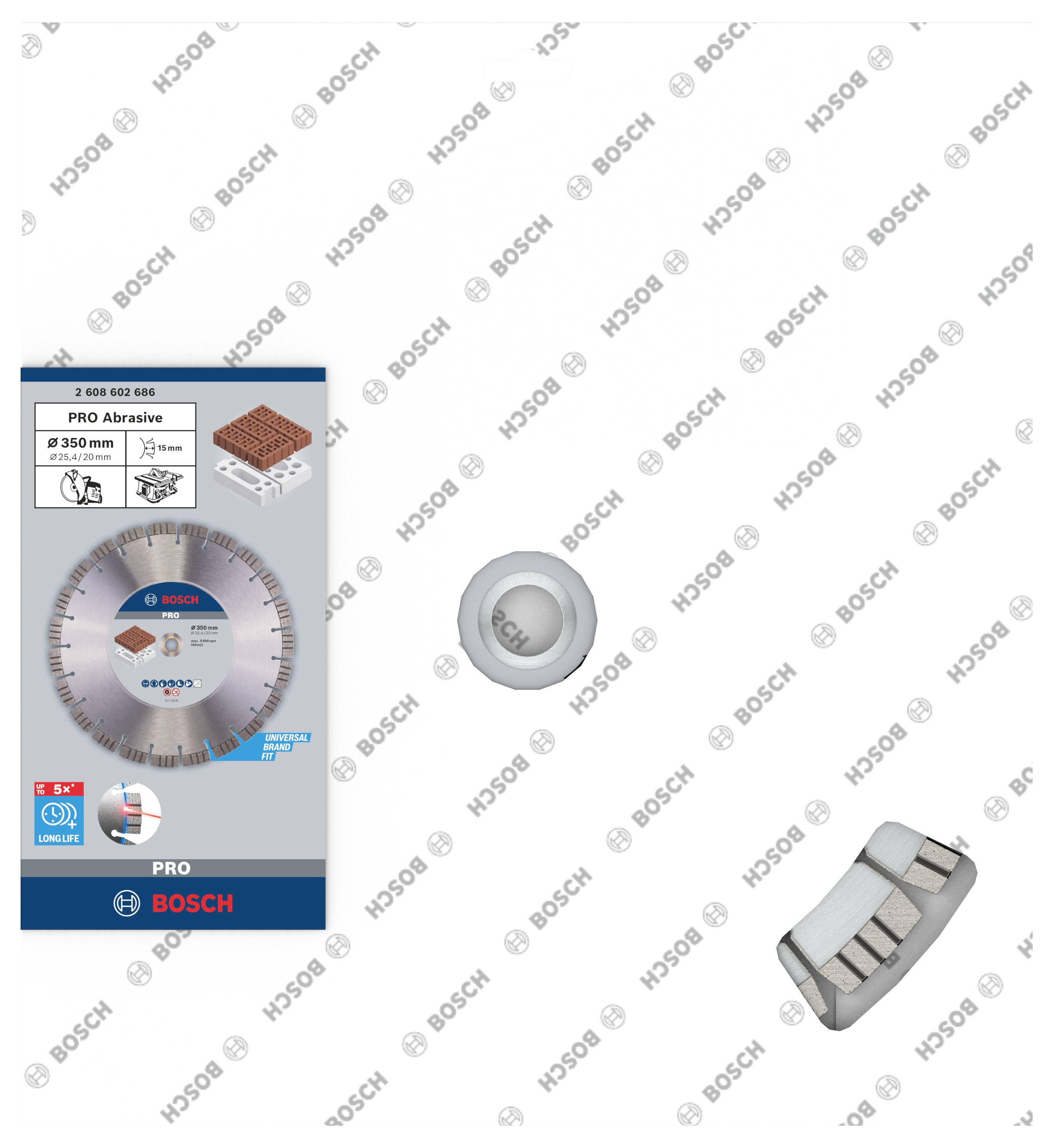 Opakowanie na tarczę szlifierską Bosch PRO, 350 mm. Zawiera zdjęcie produktu tarczy szlifierskiej z ilustracjami betonu i kamienia.