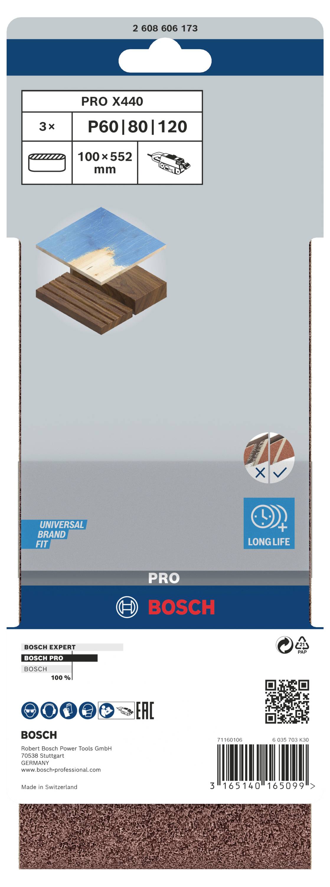 Opakowanie papierów ściernych Bosch: 3-pak z gradacjami P60, P80, P120. Wymiary 100 x 552 mm. Przeznaczone do drewna.