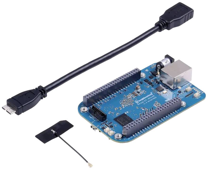 Płytka rozwojowa z mikrokontrolerem, złączem Ethernet i kablem micro-USB. Idealna do projektów IoT oraz systemów wbudowanych.