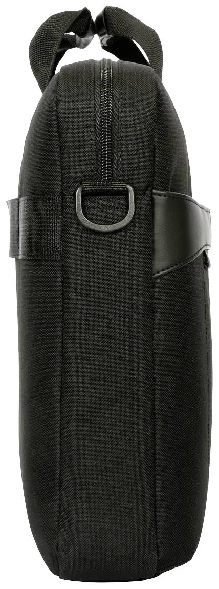 Czarna torba na laptopa, widok z boku, widoczny zamek błyskawiczny i uchwyt, prosty design.