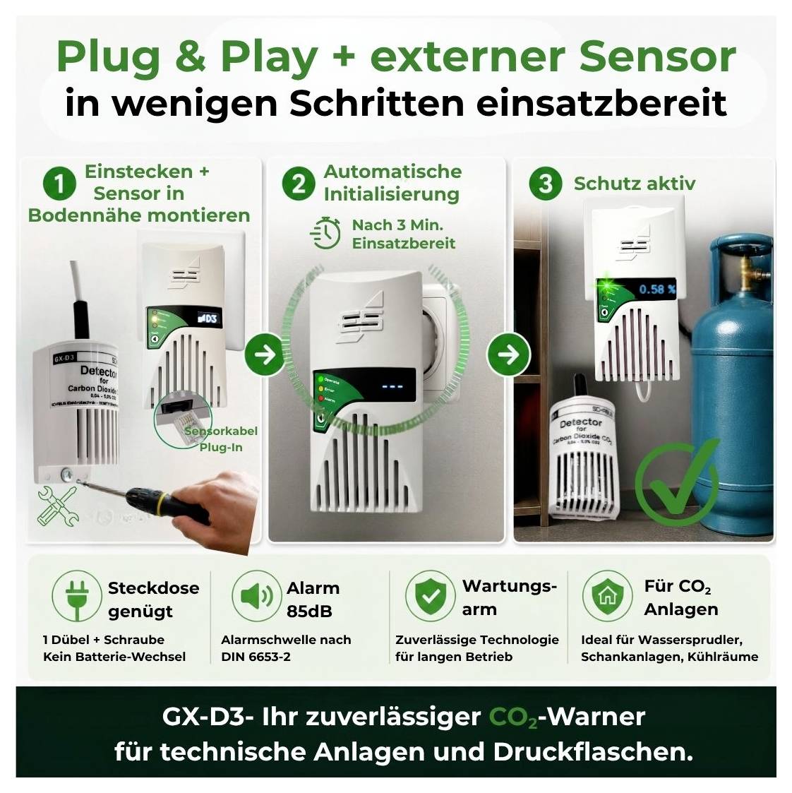 Schabus GX-D3 Detektor gazu z czujnikiem zewnętrznym z sieci elektrycznej Wykrywanie Dwutlenek węgla-7