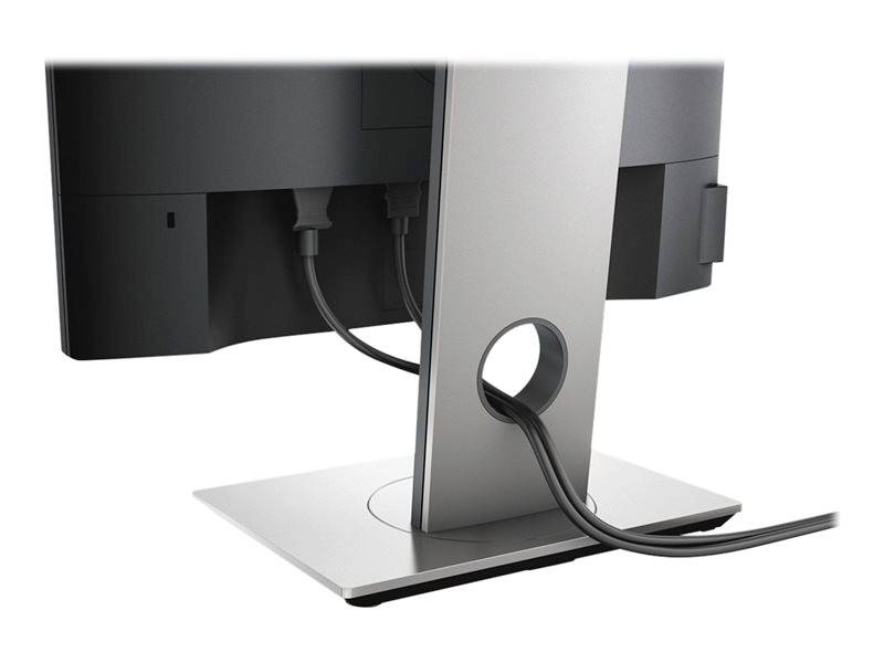 Czarny monitor widziany od tyłu z dwoma podłączonymi kablami, które są prowadzone przez otwór w srebrnej podstawie.