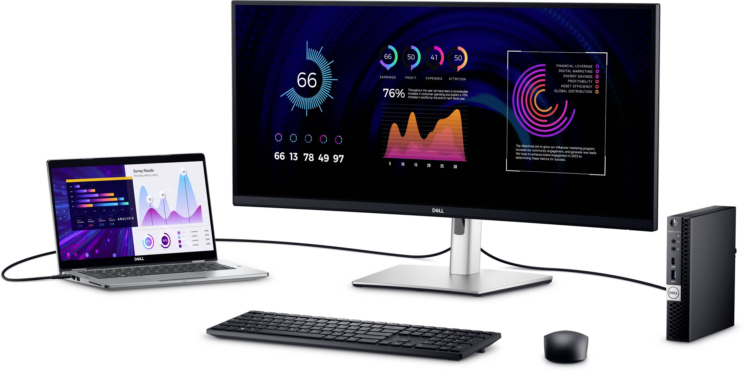 Laptop i duży monitor wyświetlają kolorowe wizualizacje danych. Klawiatura i mysz są również widoczne.