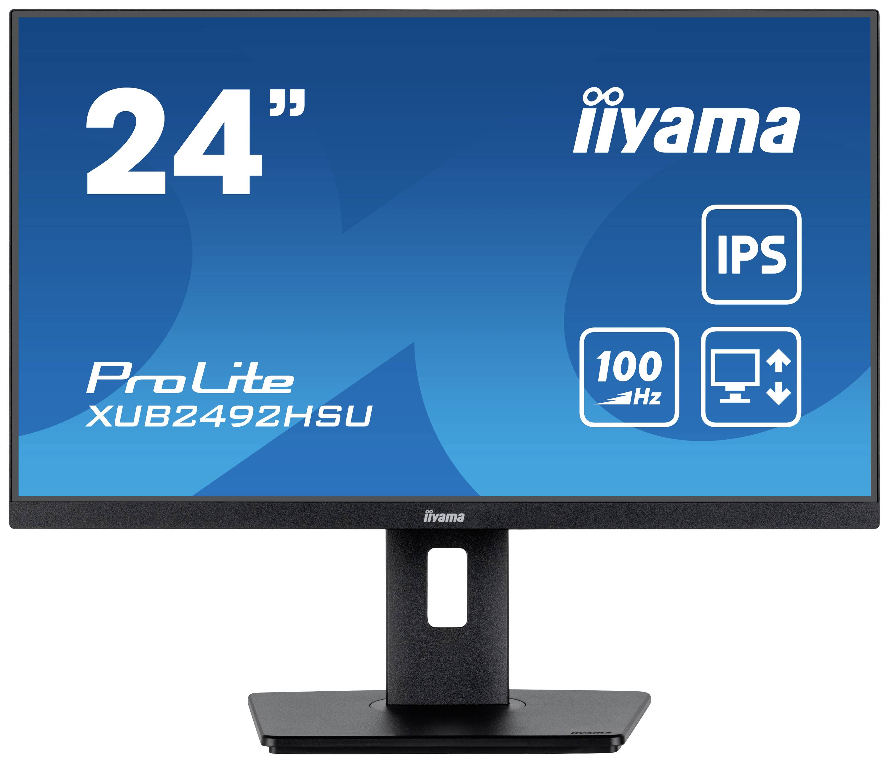 24-calowy monitor iiyama z technologią IPS, model ProLite XUB2492HSU, o częstotliwości odświeżania 100 Hz.