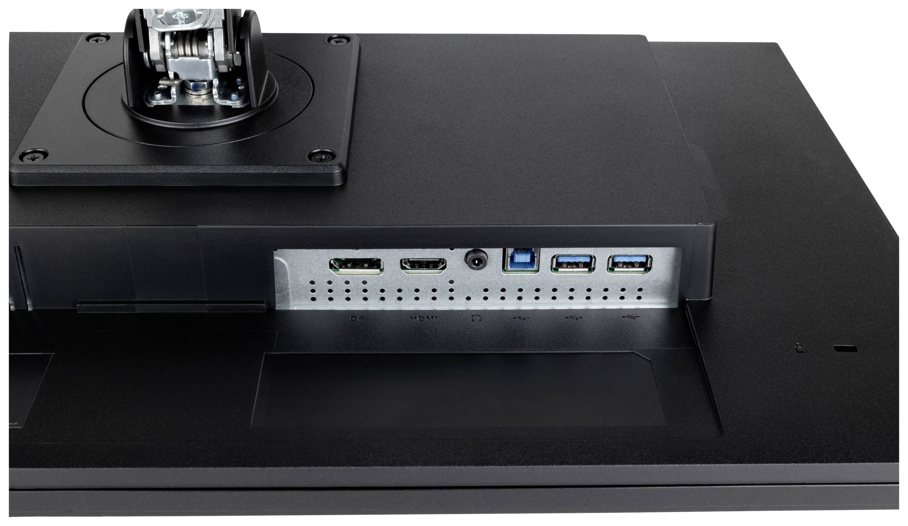 Tylna strona monitora komputerowego z widocznymi złączami: HDMI, DisplayPort, USB i gniazdem audio.