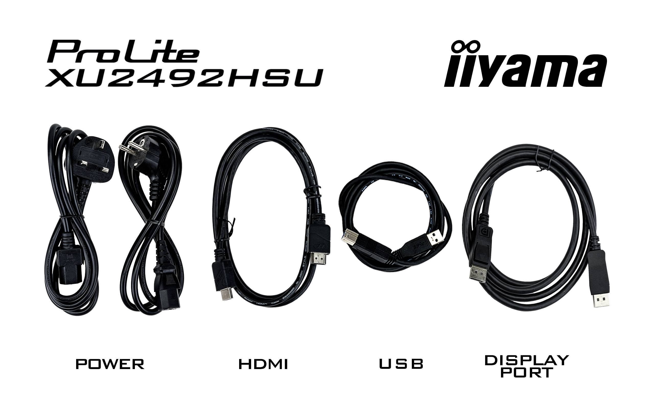 Cztery kable są przedstawione obok siebie, z etykietami: 'ZASILANIE', 'HDMI', 'USB' i 'DISPLAY PORT'. W lewym górnym rogu widnieje napis 'ProLite XU2492HSU', w prawym górnym rogu 'iiyama'.