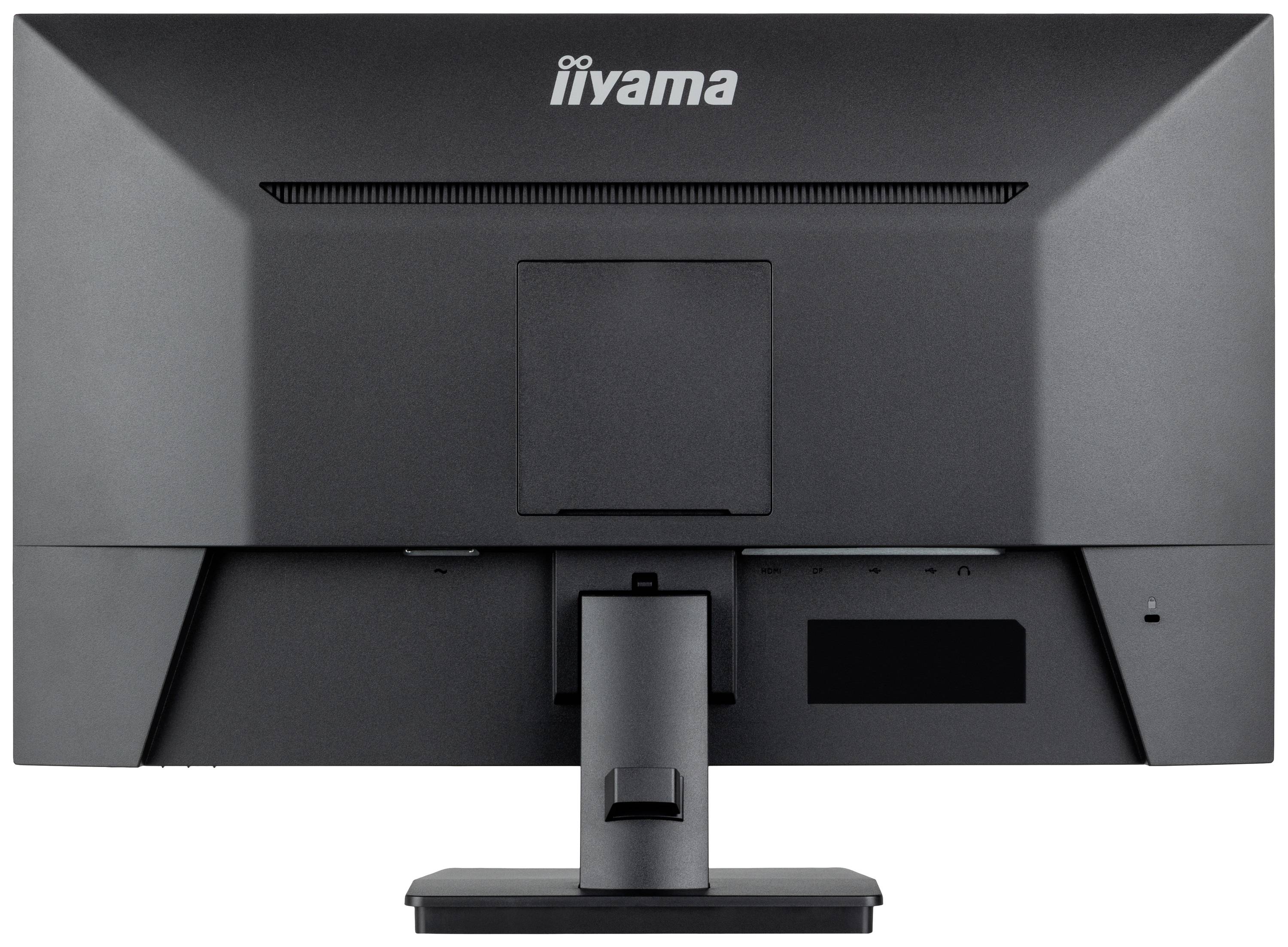 Czarny monitor komputerowy firmy iiyama widziany od tyłu. Monitor spoczywa na prostokątnej podstawie.