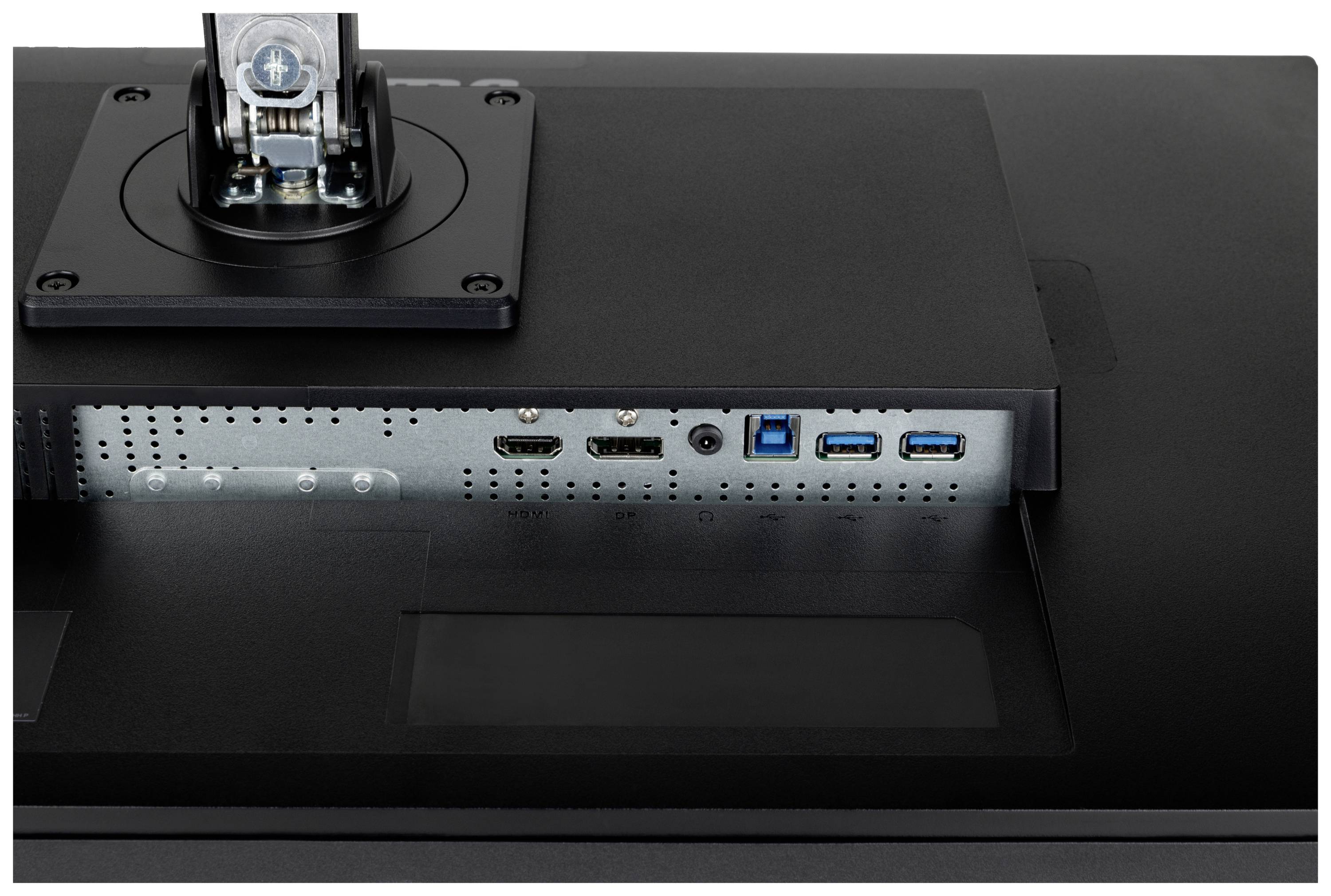 Widok z tyłu monitora z różnymi portami: HDMI, DisplayPort, USB i Audio.