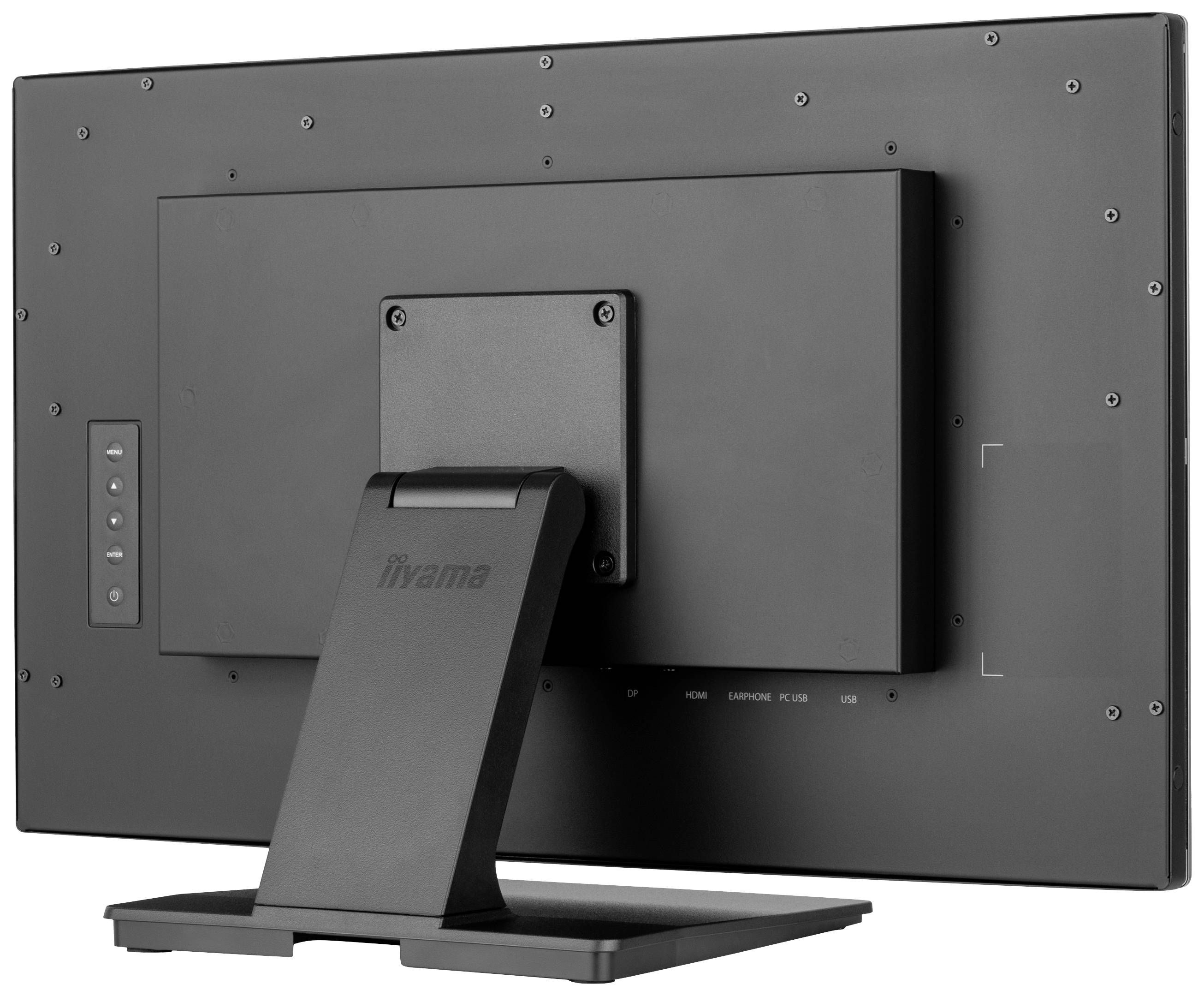 Czarny monitor widziany od tyłu, zamocowany na podstawce, ukazuje złącza i przyciski sterujące z boku.