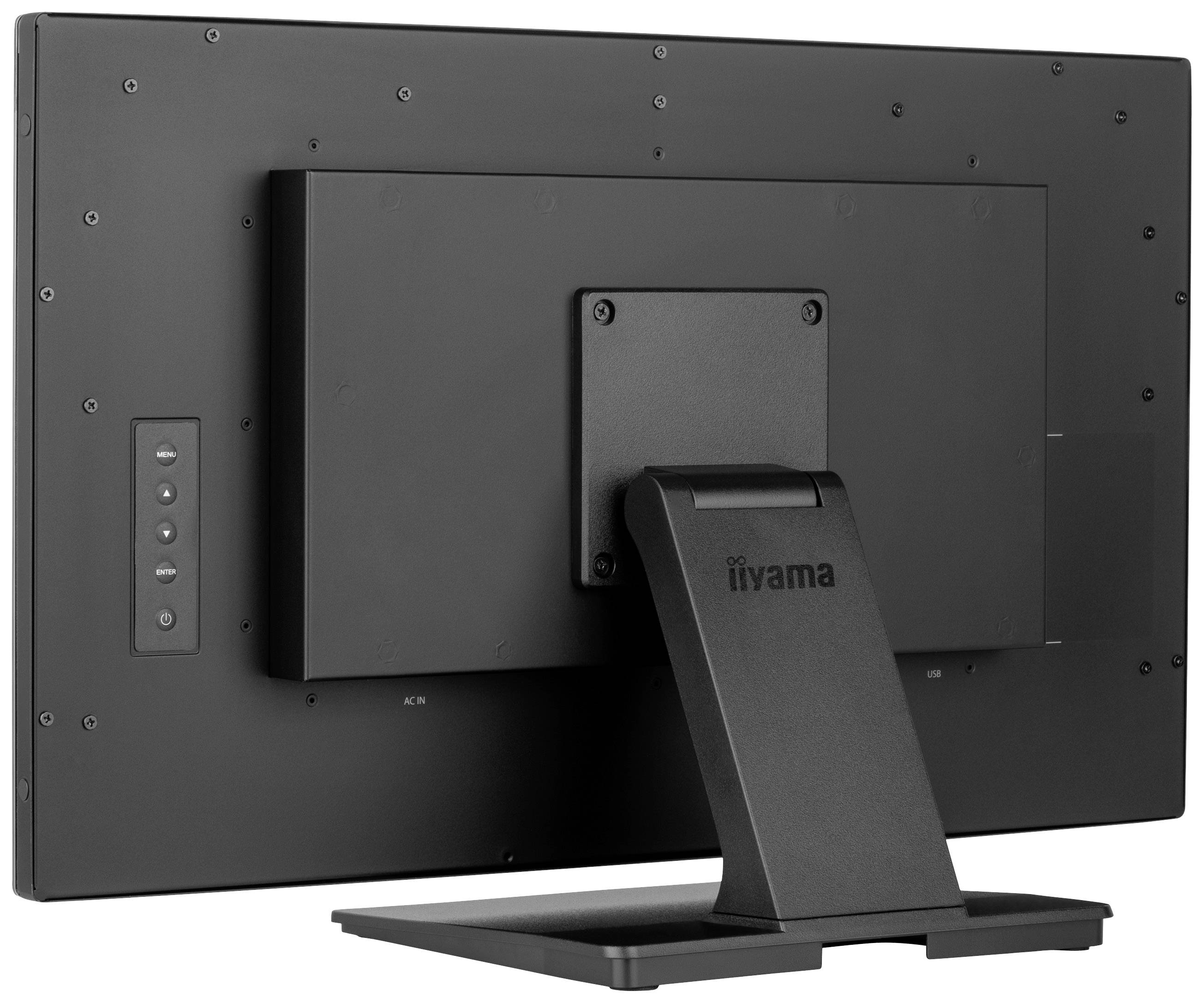 Tył czarnego ekranu komputerowego z podstawą, na którym widoczne jest logo producenta oraz przyciski po lewej stronie.