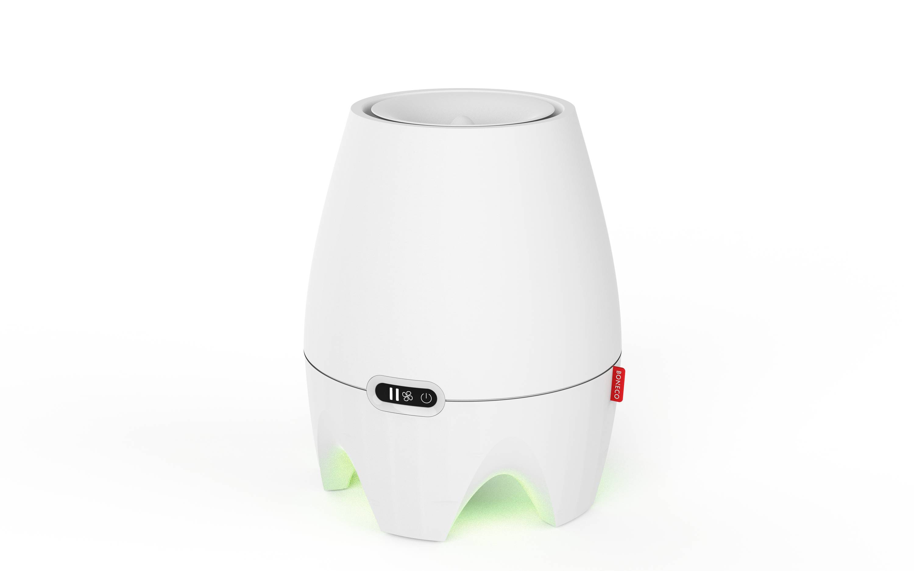 Biały nawilżacz powietrza o okrągłym kształcie stoi na stole. U dołu świeci delikatne zielone światło. Widoczny jest przełącznik.