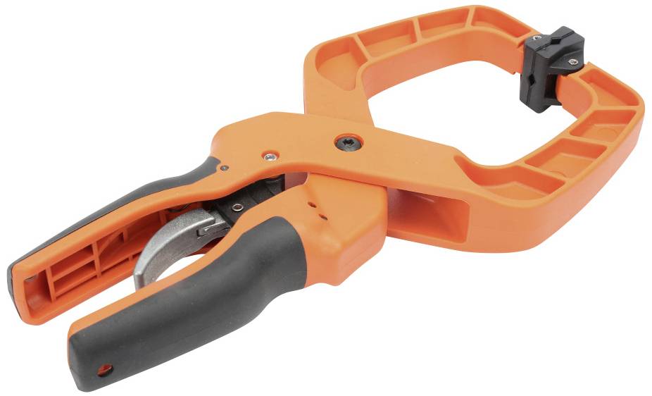 Czarna i pomarańczowa klamra z tworzywa sztucznego, używana do trzymania lub mocowania przedmiotów, z ergonomicznymi uchwytami.