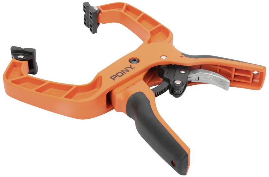 Pomarańczowa ścisk jednostronna z czarną rękojeścią, przydatna do mocowania elementów w różnych projektach budowlanych i produkcyjnych.