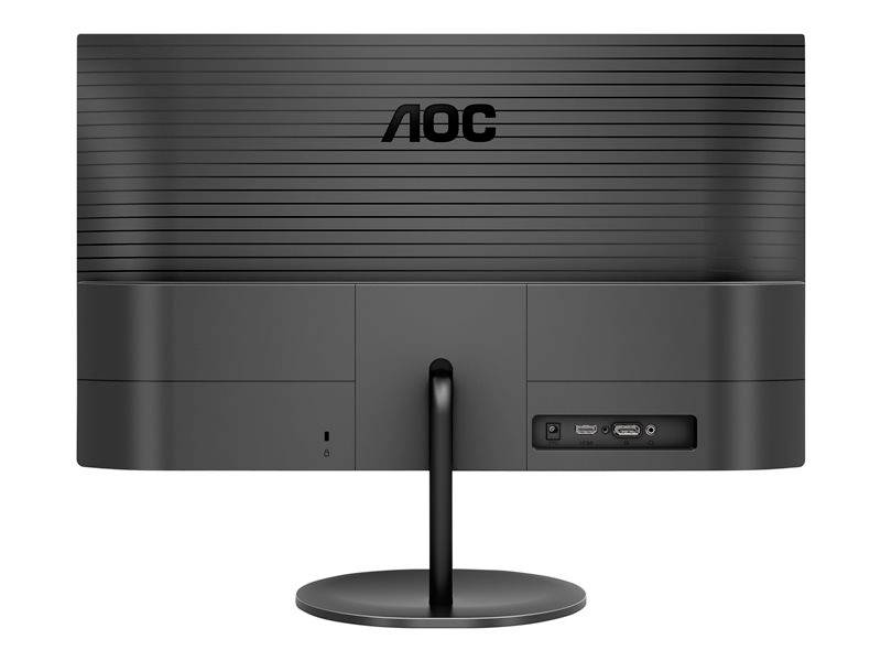 Widok z tyłu czarnego monitora AOC ze składającą się z okrągłej podstawy. Po prawej stronie widoczne są złącza HDMI i VGA.