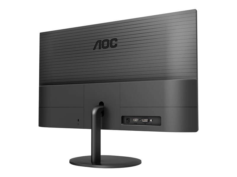 Monitor pokazuje tył czarnego monitora AOC z logo marki oraz złączami zasilania, HDMI i VGA.