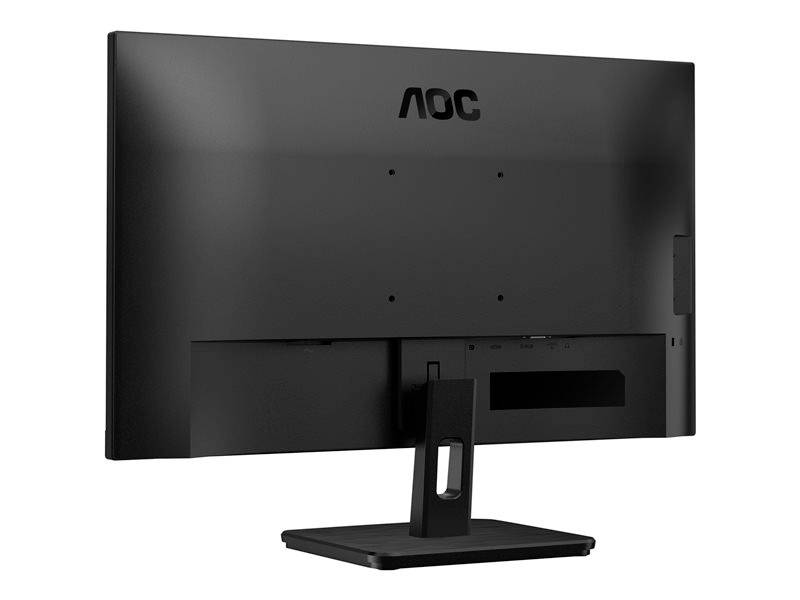 Tylna strona czarnego monitora komputerowego marki AOC z prostokątną podstawą i mocowaniem na odwrocie.