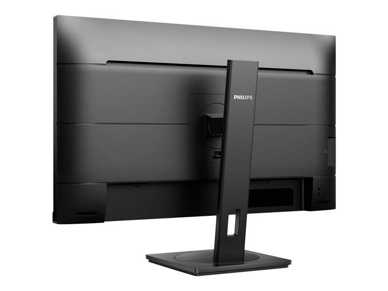 Czarny monitor komputerowy widziany od tyłu, marki 'Philips', z prostokątną podstawą i otworem do prowadzenia kabli u podstawy.