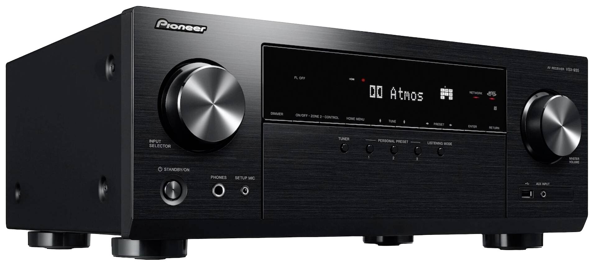 Czarny wzmacniacz Pioneer z dwoma dużymi pokrętłami, wyświetlaczem z napisem 'Dolby Atmos' i różnymi wejściami.
