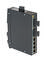Przemysłowy switch Ethernet z czterema portami RJ45 w wytrzymałej obudowie, przeznaczony do pracy w trudnych warunkach środowiskowych.