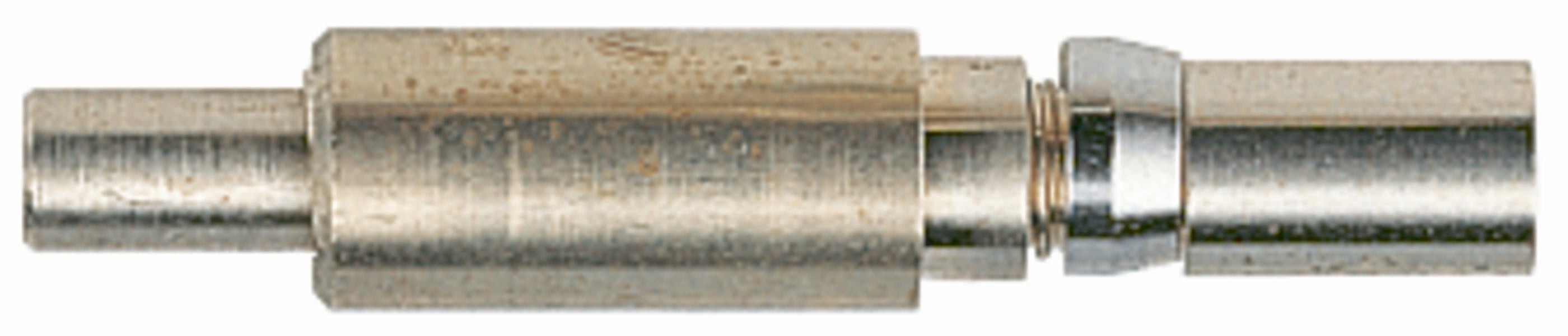 Metalowy cylinder połączony z mniejszym, gładkim cylindrem. Większy cylinder ma kolor beżowo-brązowy, mniejszy jest błyszczący.