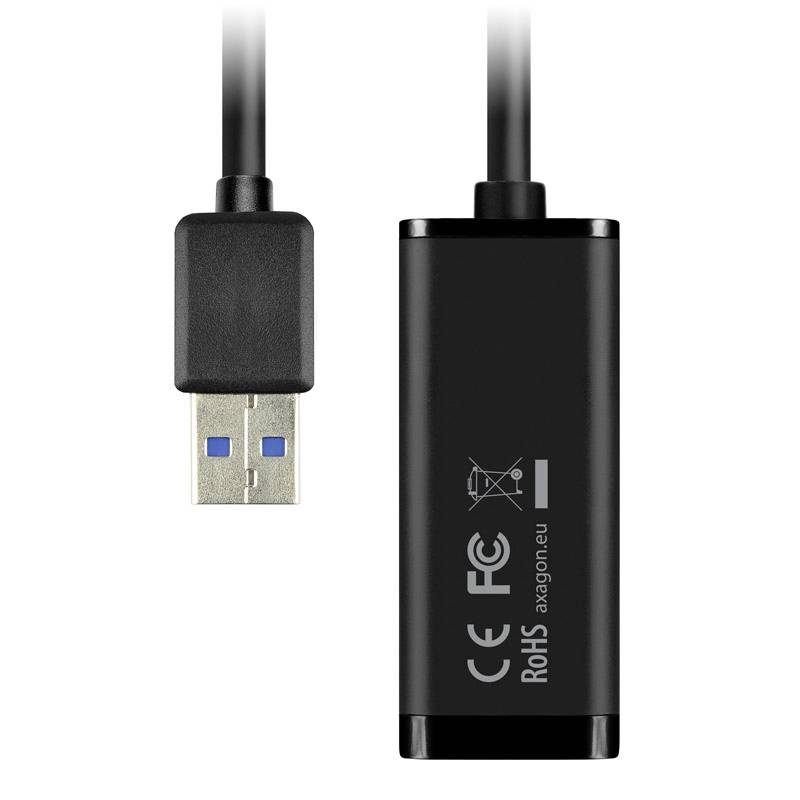 Czarny adapter USB 3.0 na Ethernet z oznaczeniami CE i RoHS, odpowiedni do przewodowych połączeń sieciowych.